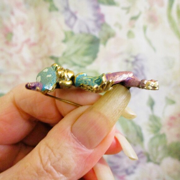 TORTOLANI 24KGP Enamel Pixie Elf Brooch~ DESIGNER Teal Plum Gold Figural Elf Pin - Picture 12 of 14